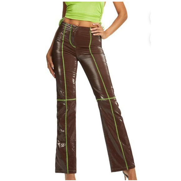 I.AM.GIA Brown Callisto Pleather Straight Flare Pants Florescent Green Stitch XS - Picture 1 of 14